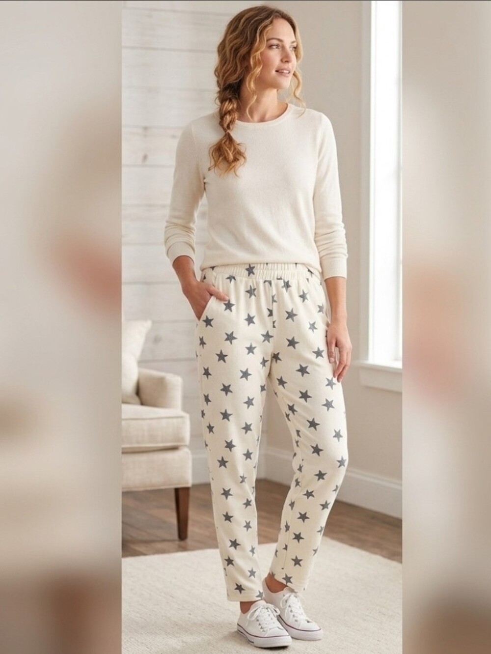 Hem & Thread Star Print Cream Lounge Pants